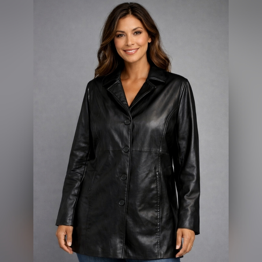 KC Collections Jacket Womens Large‎ Black Faux Leather Car Coat Quilted Lined